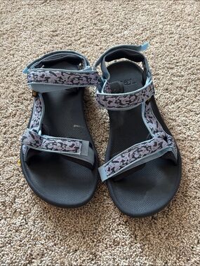 Teva Women's Black Sandals with Light Blue Patterned Straps